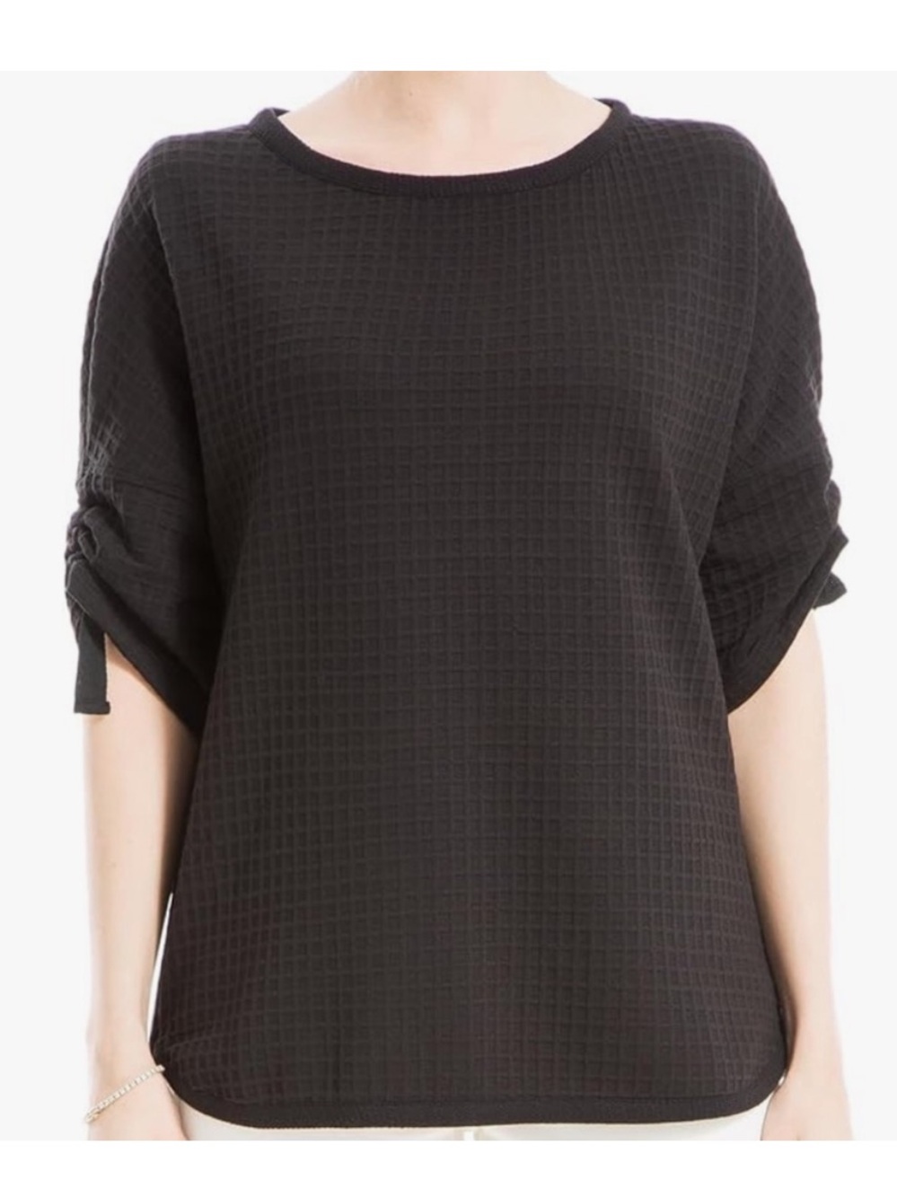 Max Studio Textured Grid Knit Cinch Sleeve Sweater in Black, Sz S NWT